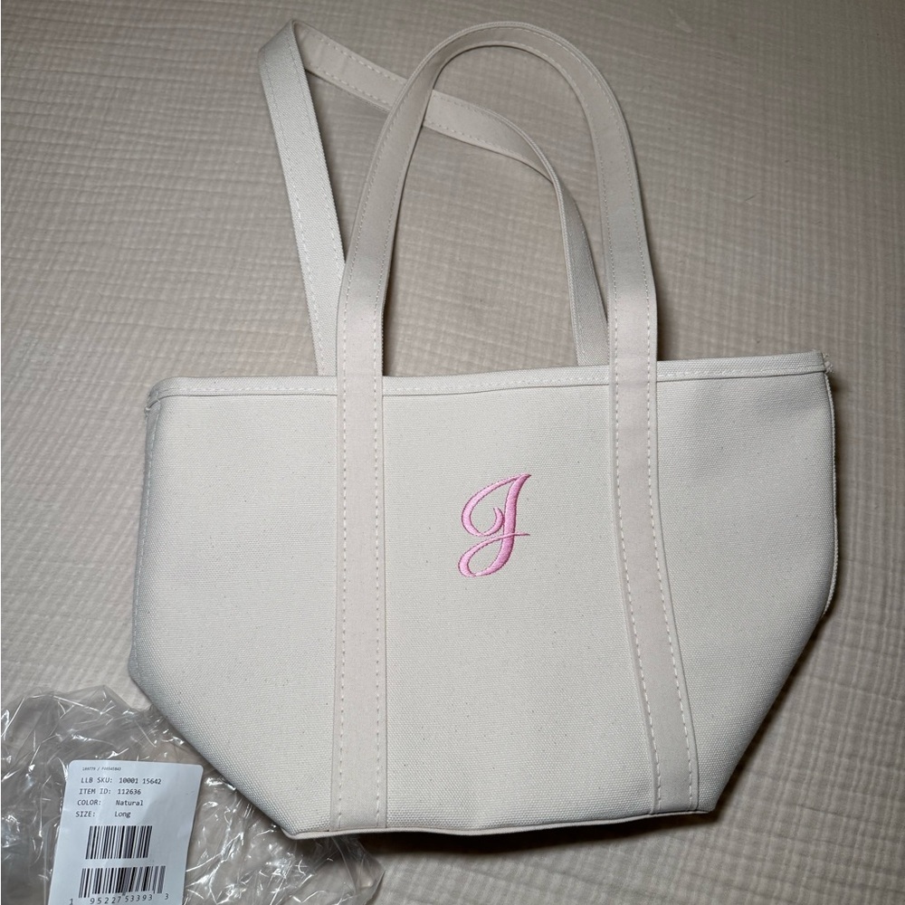 LL Bean Medium Cream Tote Bag with Pink Embroidery